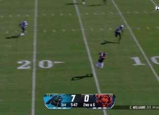 Caleb Williams de los Bears encuentra a DJ Moore para un TD de 34 yardas para empatar el juego contra los Panthers. news-06102024-211719
